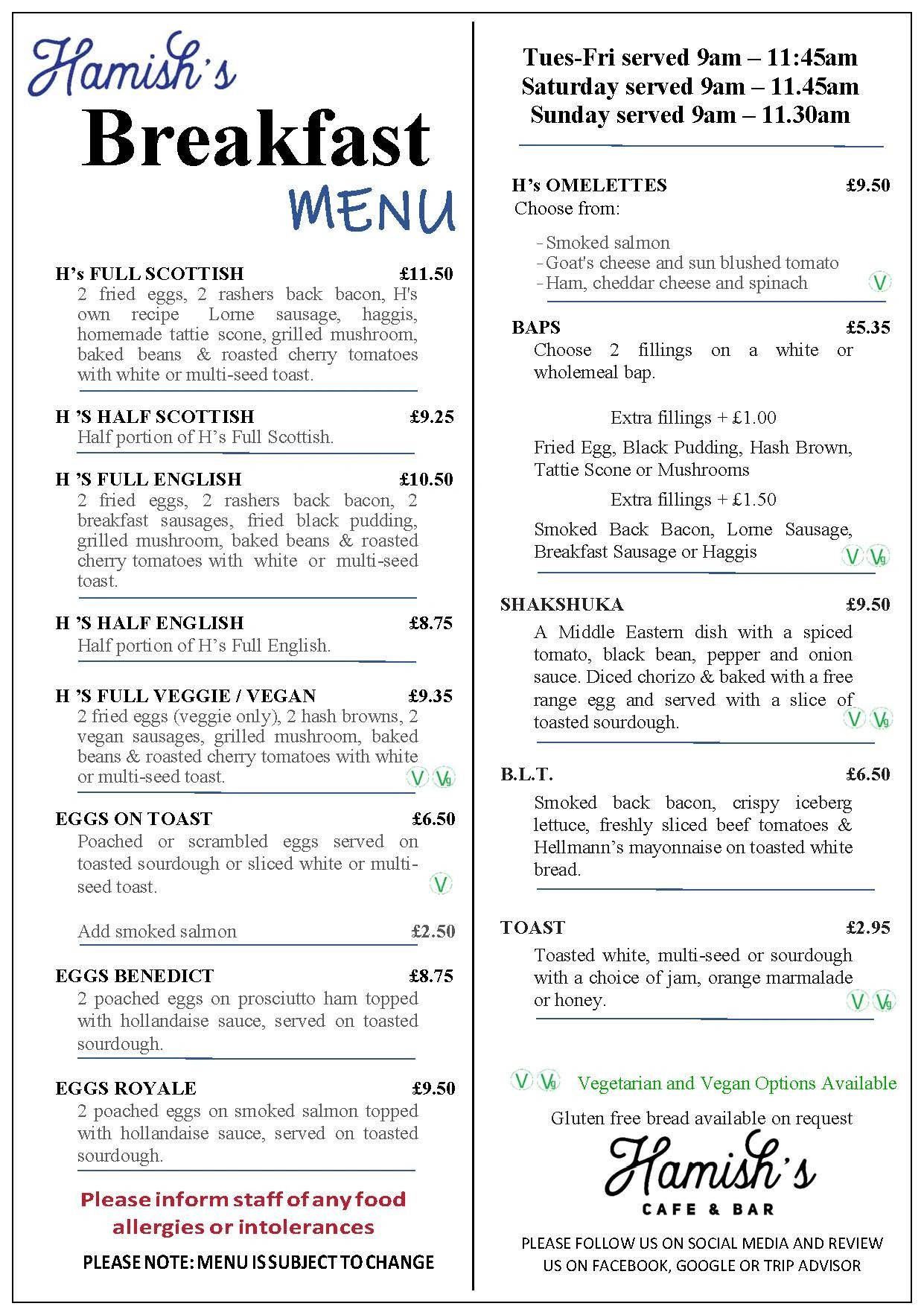 Menus Hamish's cafe & Bar